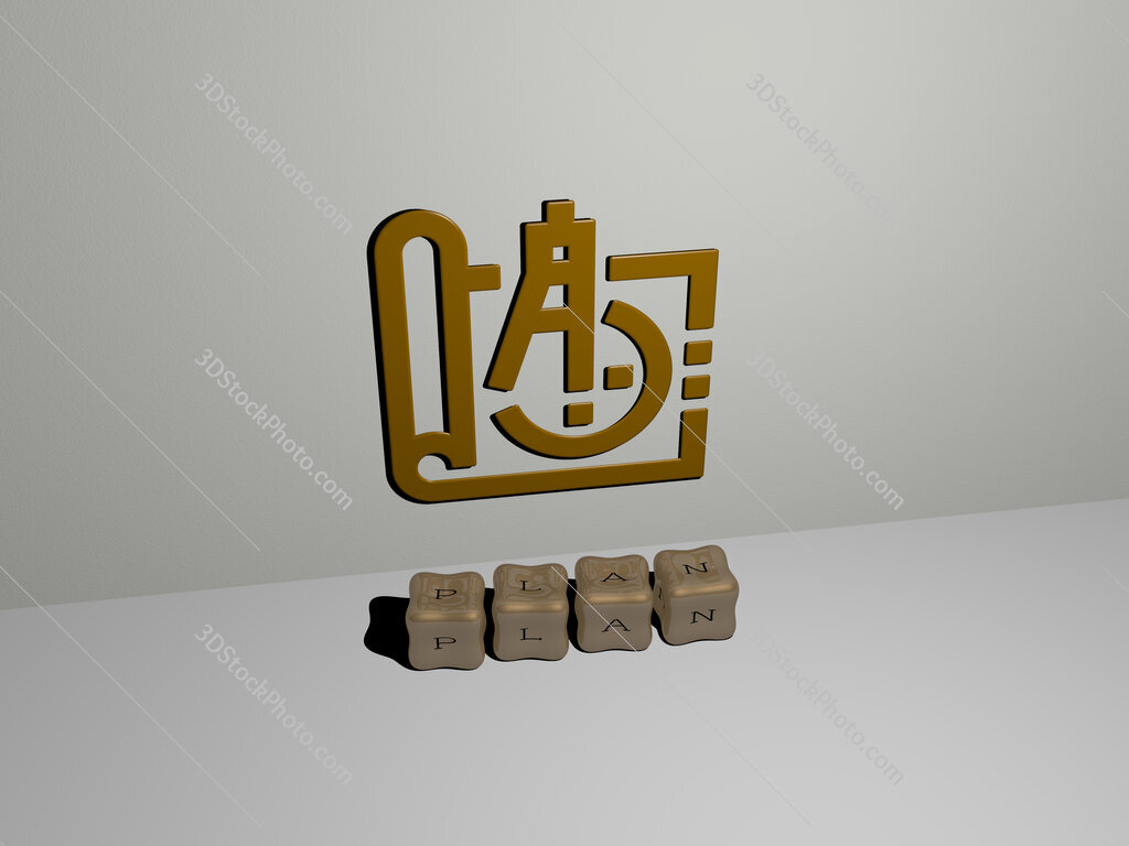 plan 3D icon on the wall and cubic letters on the floor