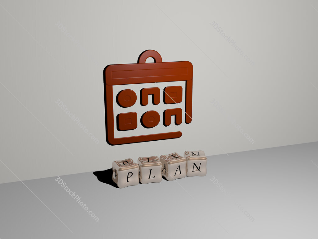 plan 3D icon on the wall and cubic letters on the floor