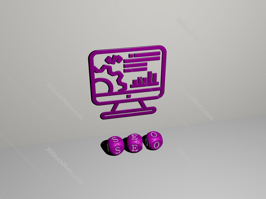 seo 3D icon on the wall and text of cubic alphabets on the floor