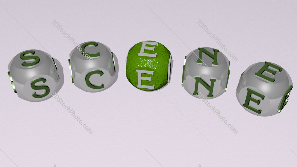 scene curved text of cubic dice letters