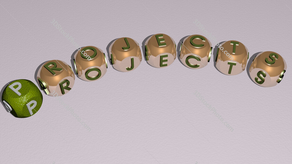projects curved text of cubic dice letters