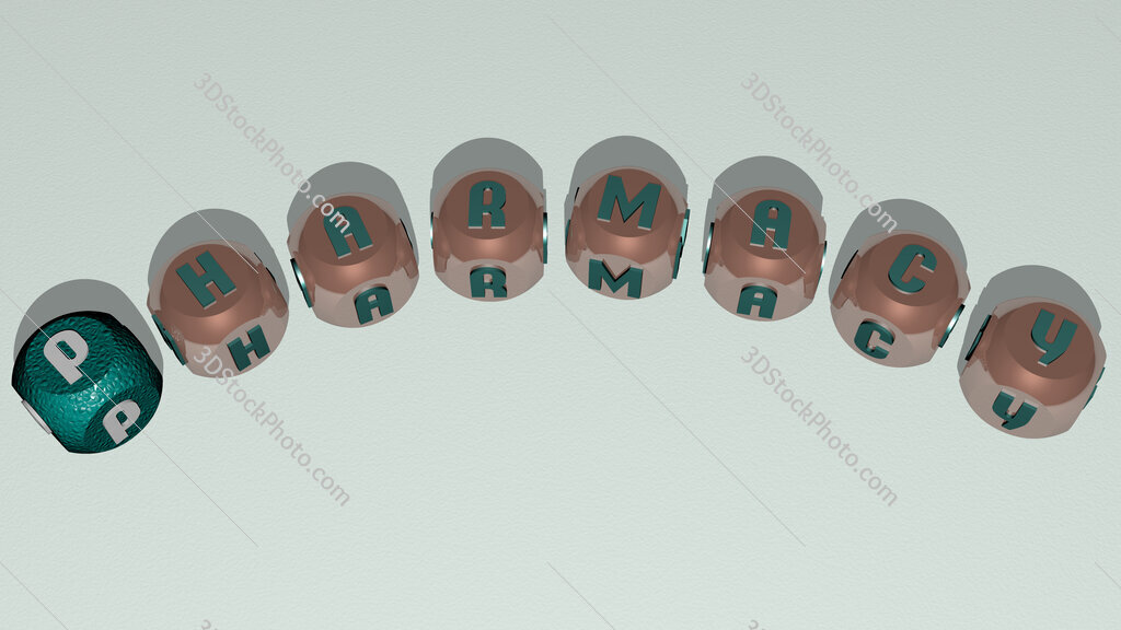 pharmacy curved text of cubic dice letters
