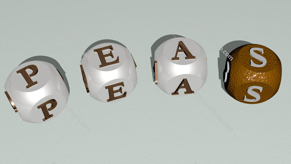 peas curved text of cubic dice letters