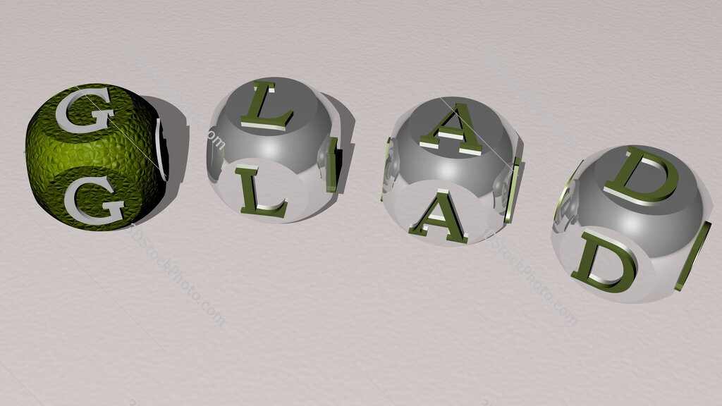 glad curved text of cubic dice letters