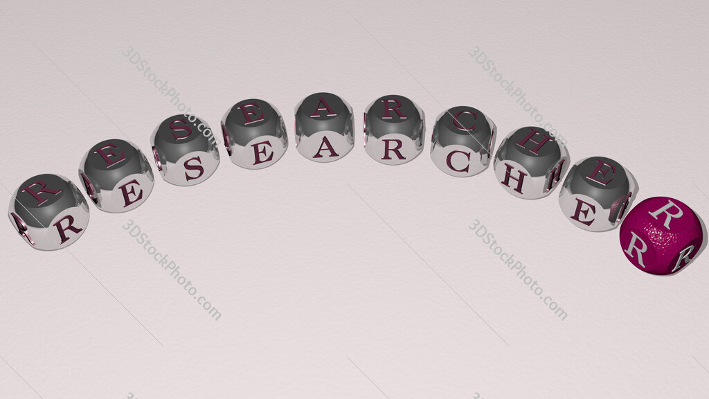 researcher curved text of cubic dice letters