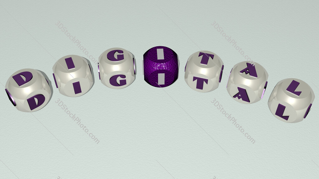 digital curved text of cubic dice letters