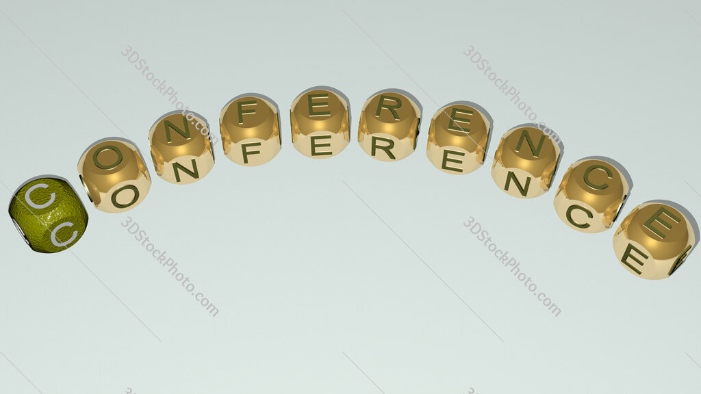 conference curved text of cubic dice letters
