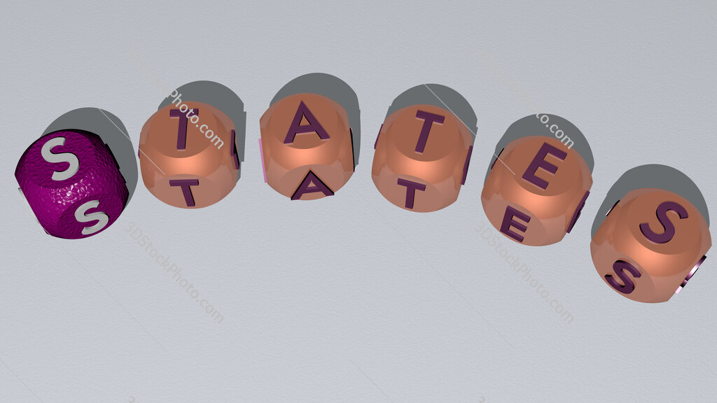 states curved text of cubic dice letters