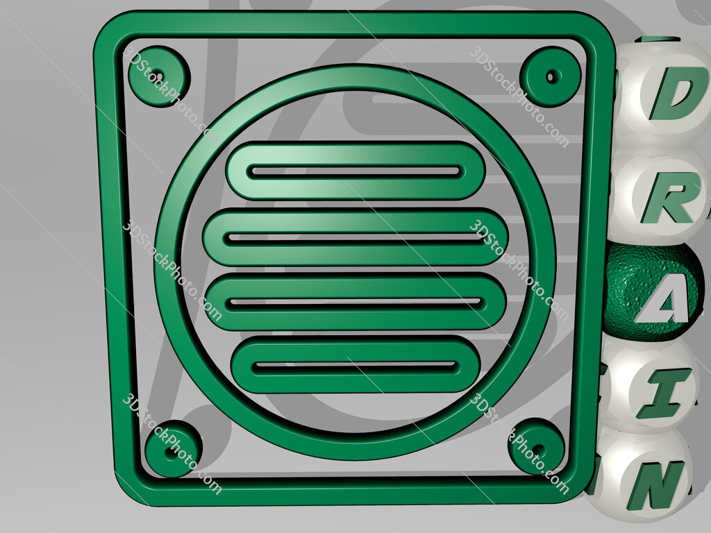 drain 3D icon beside the vertical text of individual letters