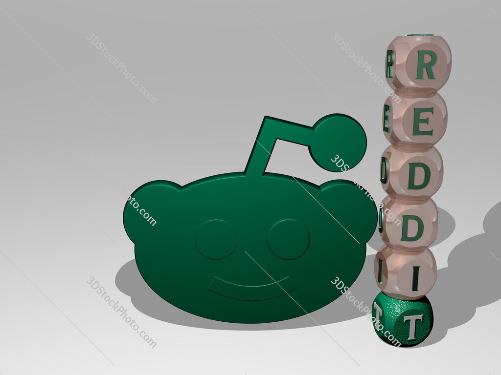 reddit 3D icon beside the vertical text of individual letters
