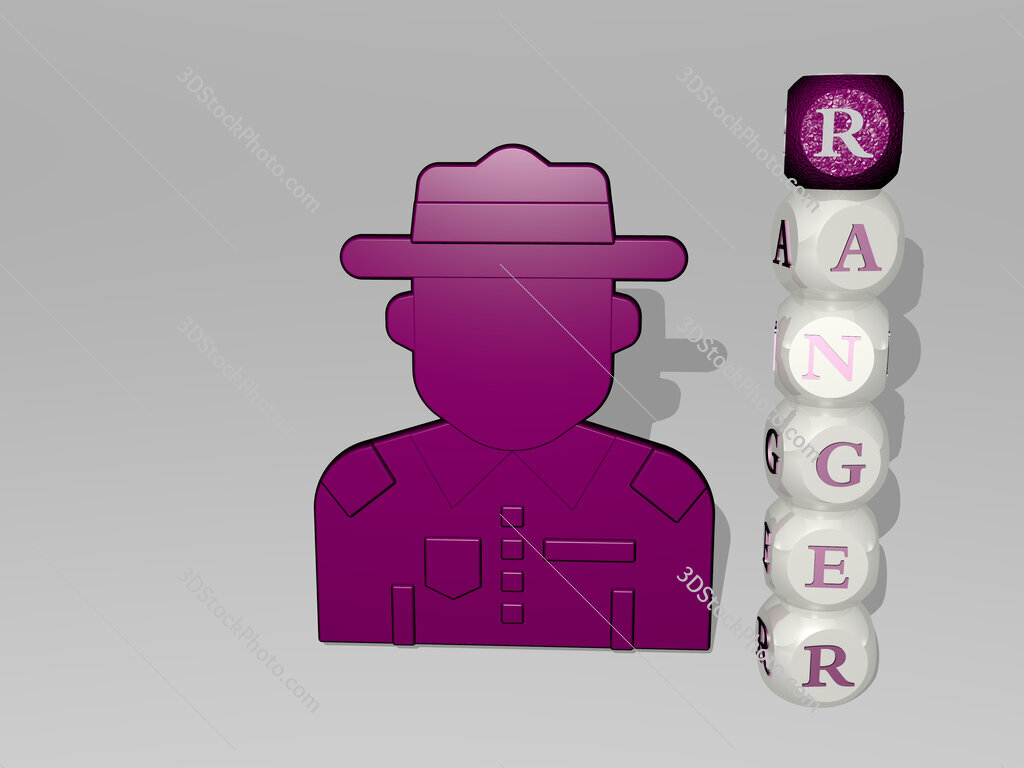 ranger 3D icon beside the vertical text of individual letters