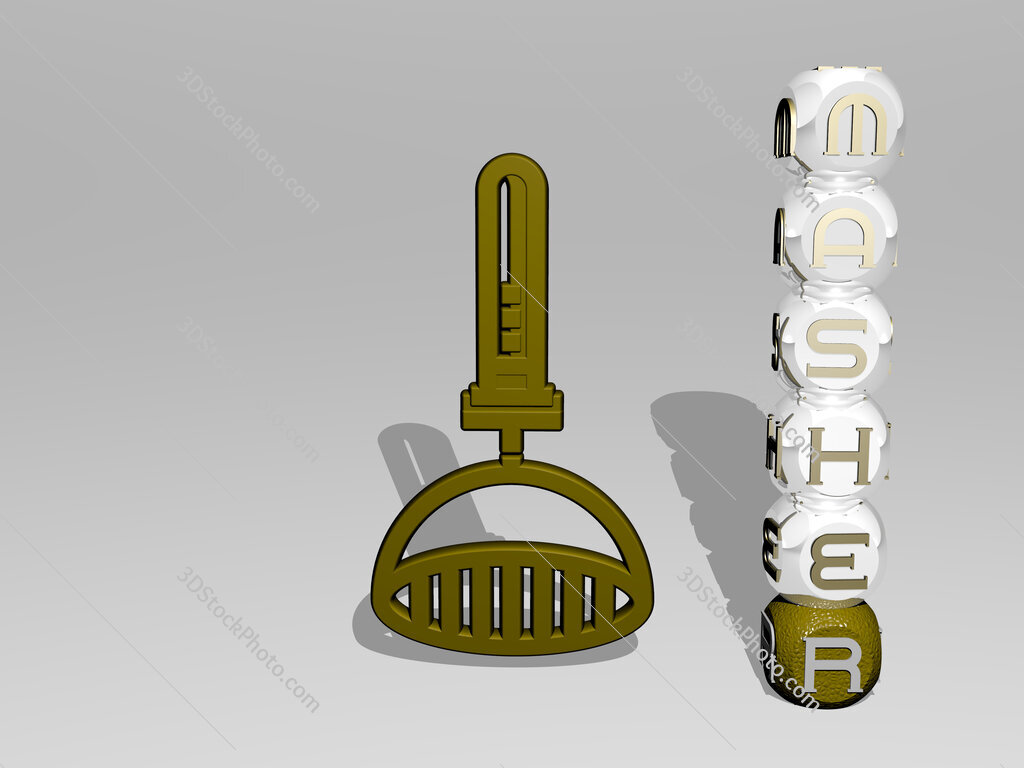 masher 3D icon beside the vertical text of individual letters
