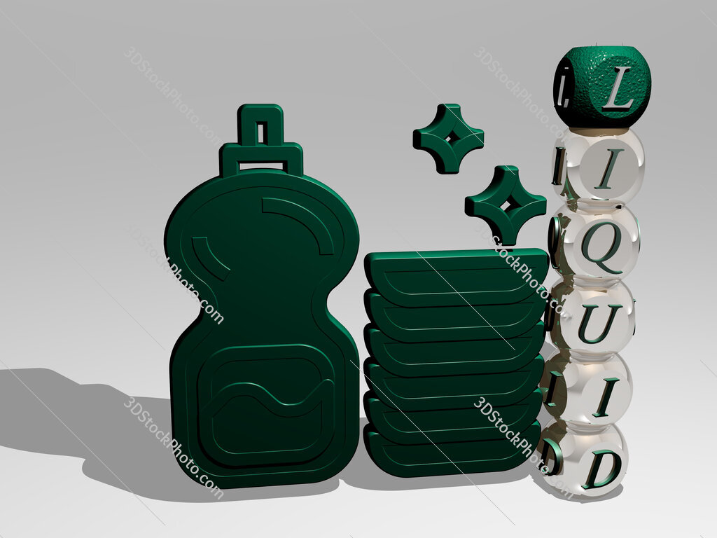 liquid 3D icon beside the vertical text of individual letters