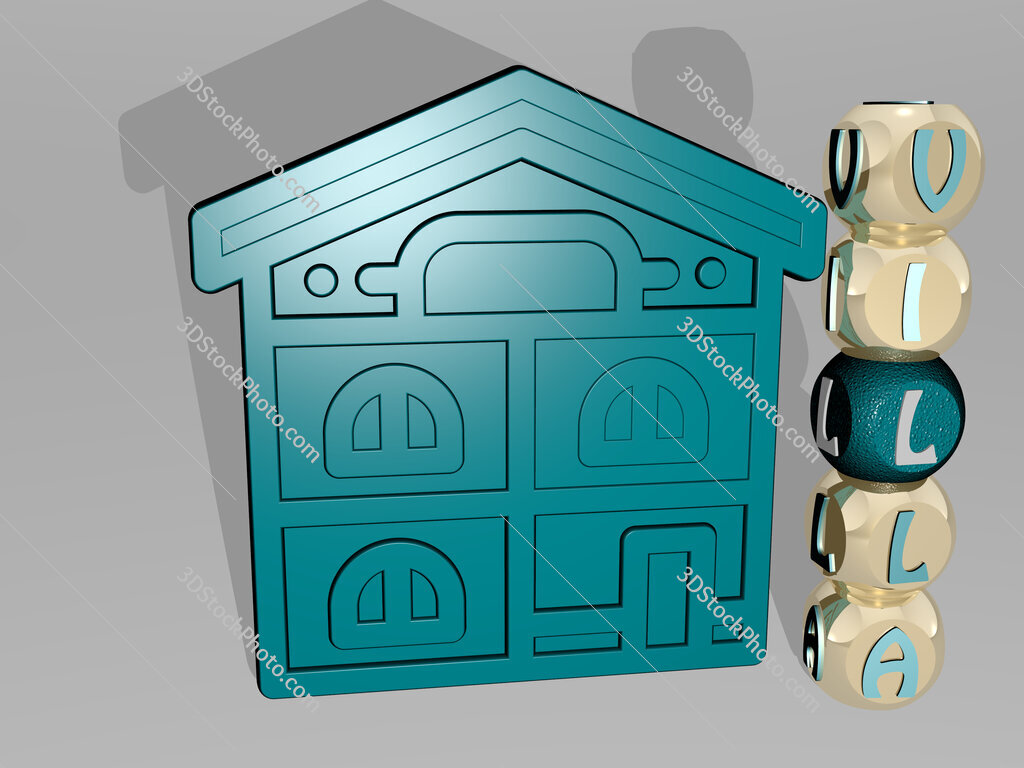 villa 3D icon beside the vertical text of individual letters