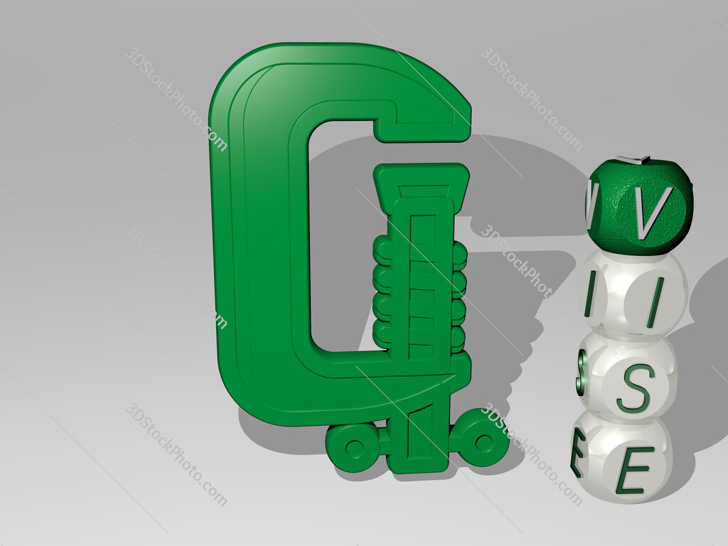 vise 3D icon beside the vertical text of individual letters