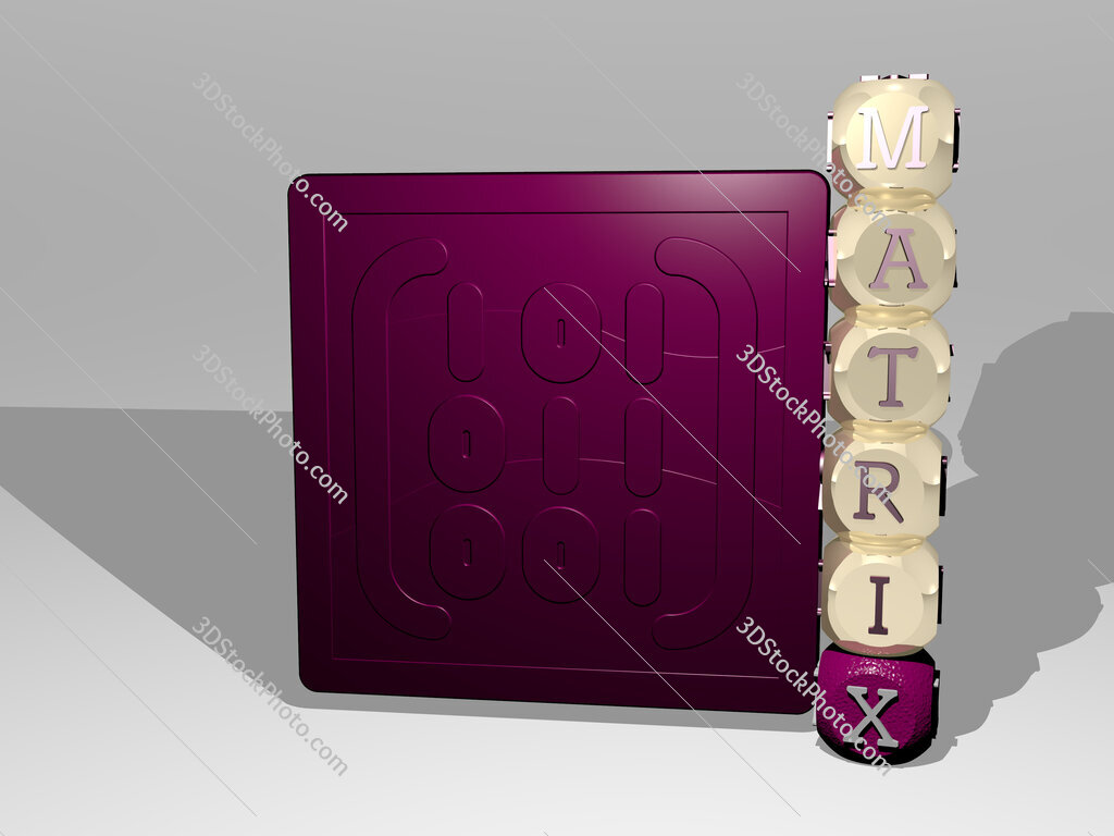 matrix 3D icon beside the vertical text of individual letters
