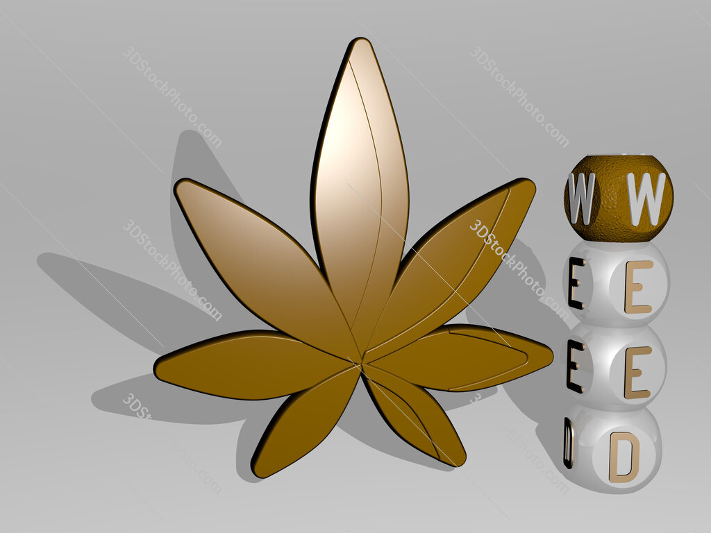 weed 3D icon beside the vertical text of individual letters