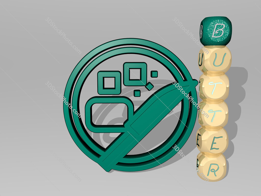 butter 3D icon beside the vertical text of individual letters