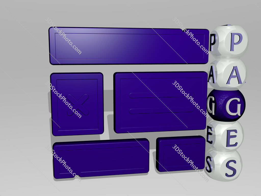 pages 3D icon beside the vertical text of individual letters
