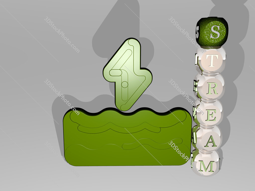 stream 3D icon beside the vertical text of individual letters
