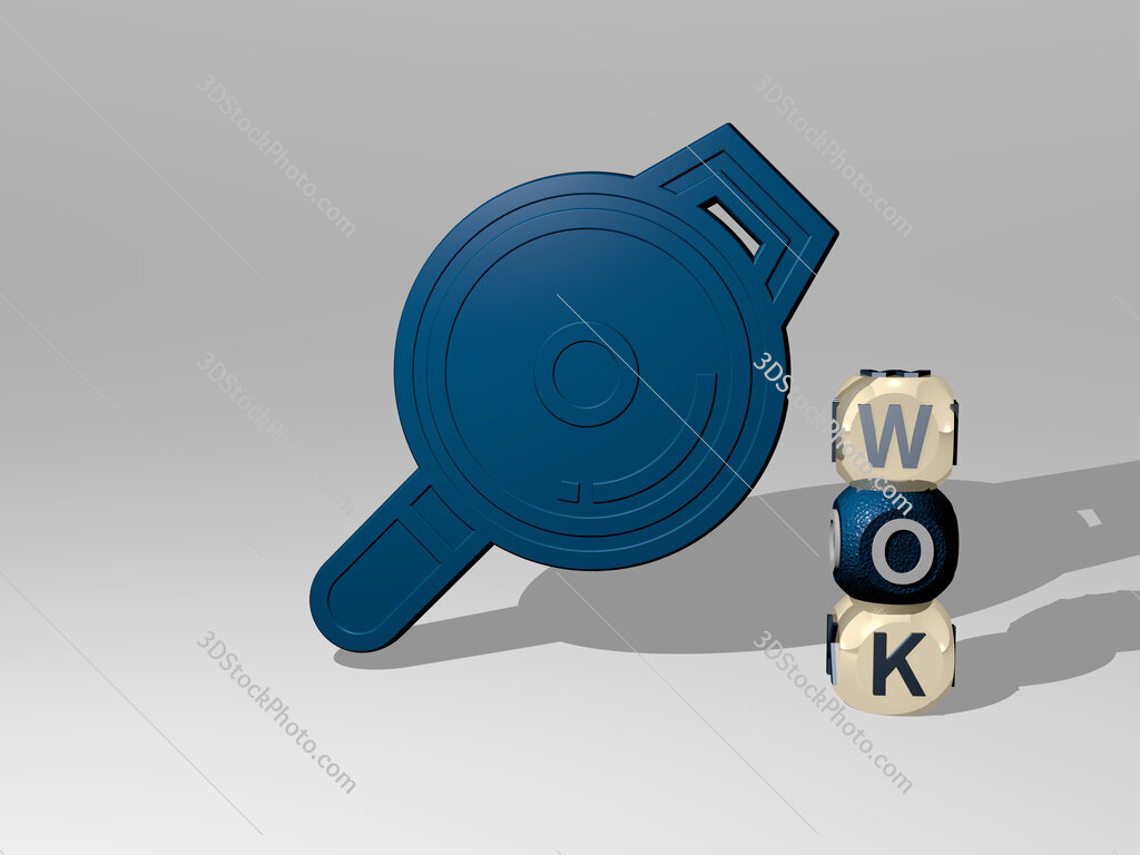 wok 3D icon beside the vertical text of individual letters