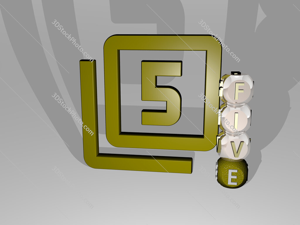 five 3D icon beside the vertical text of individual letters