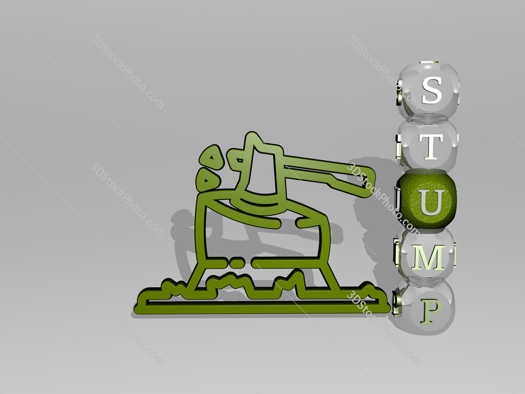 stump 3D icon beside the vertical text of individual letters