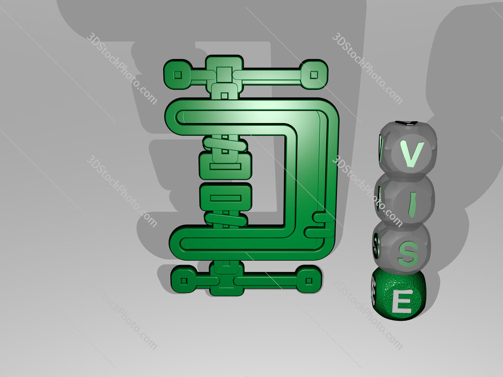 vise 3D icon beside the vertical text of individual letters