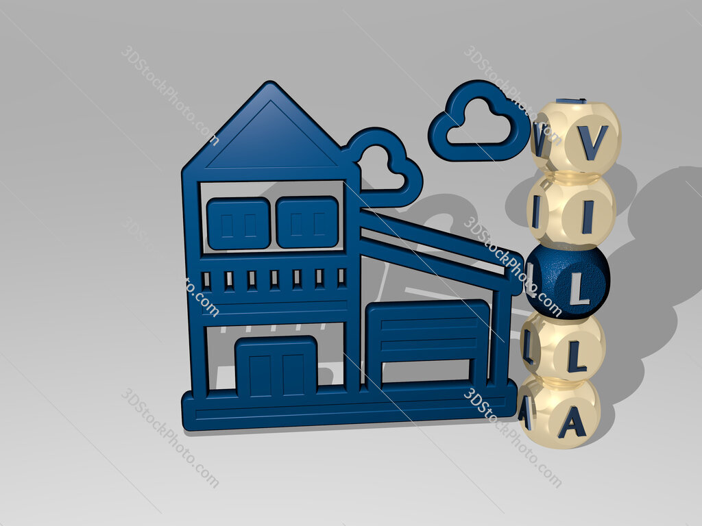 villa 3D icon beside the vertical text of individual letters