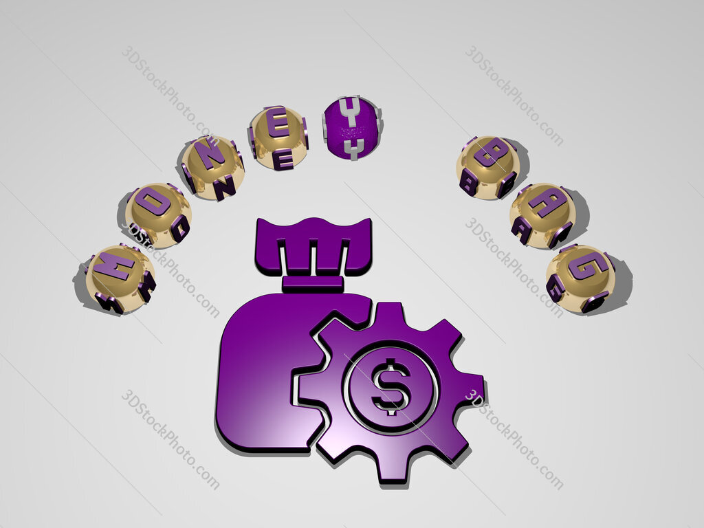 money-bag 3D icon surrounded by the text of cubic letters