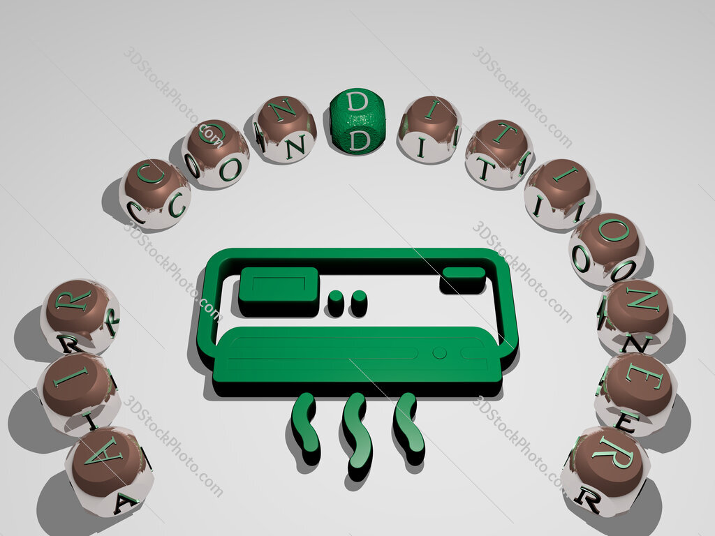 air-conditioner 3D icon surrounded by the text of cubic letters
