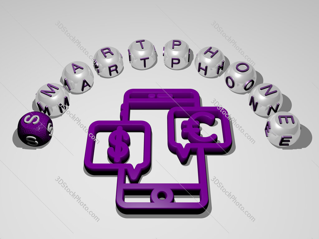 smartphone 3D icon surrounded by the text of cubic letters