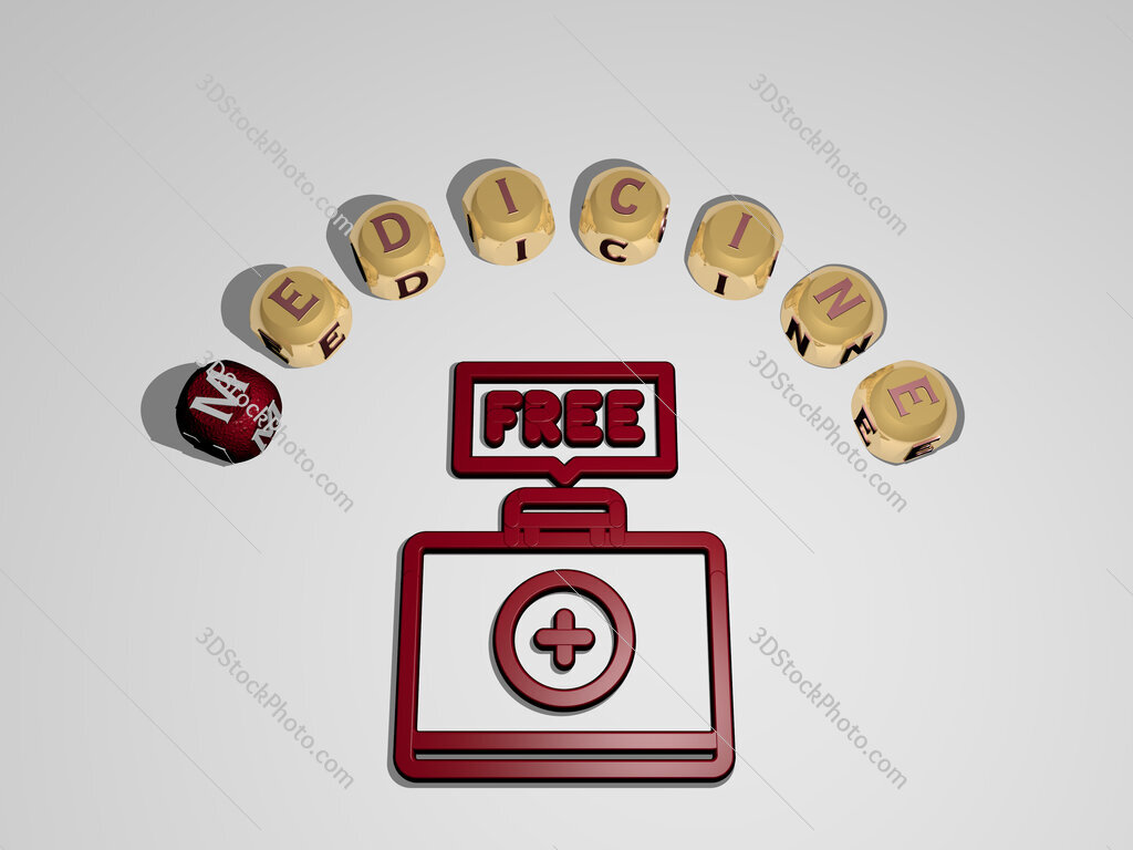 medicine 3D icon surrounded by the text of cubic letters