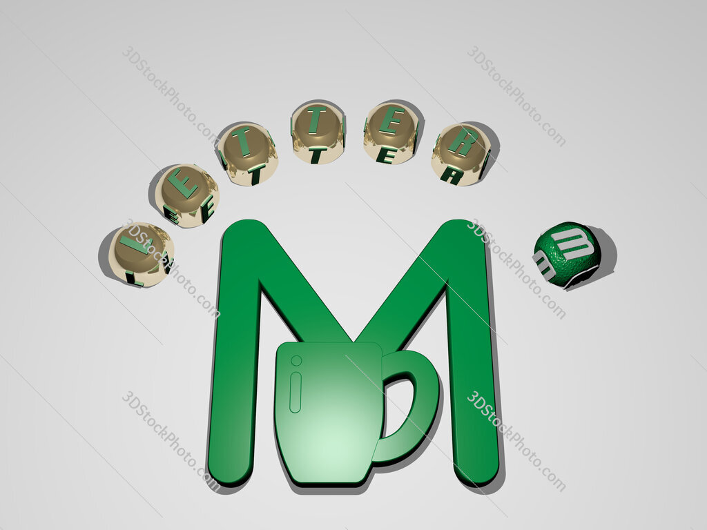 letter-m 3D icon surrounded by the text of cubic letters