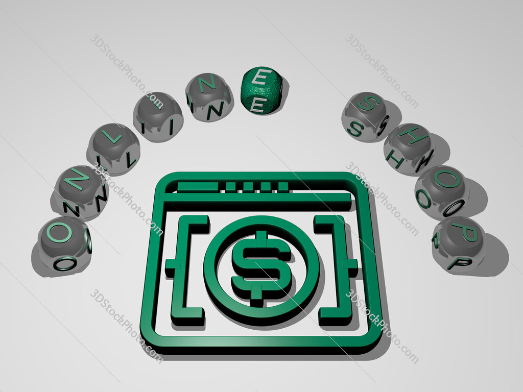 online-shop 3D icon surrounded by the text of cubic letters