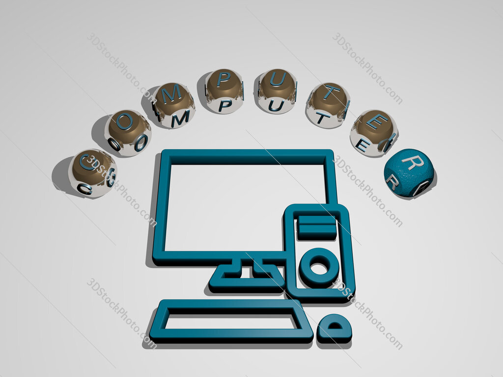 computer 3D icon surrounded by the text of cubic letters