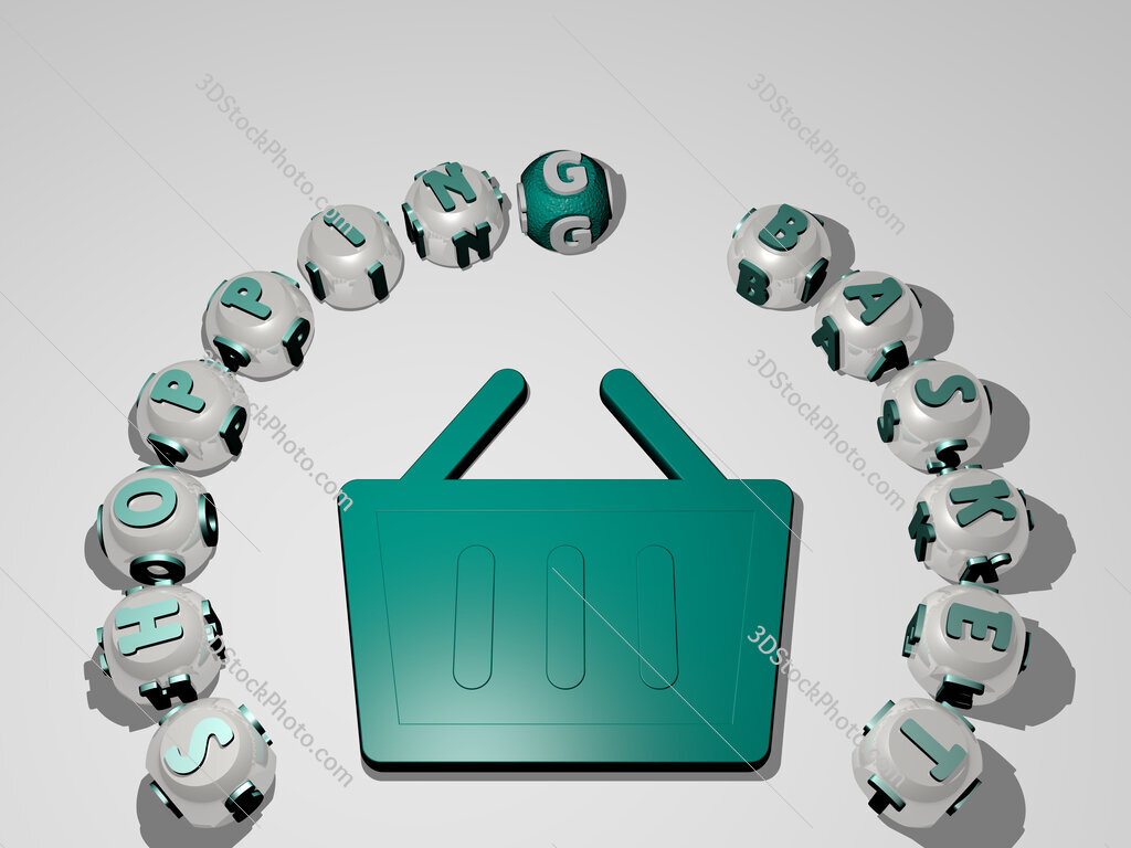 shopping-basket 3D icon surrounded by the text of cubic letters