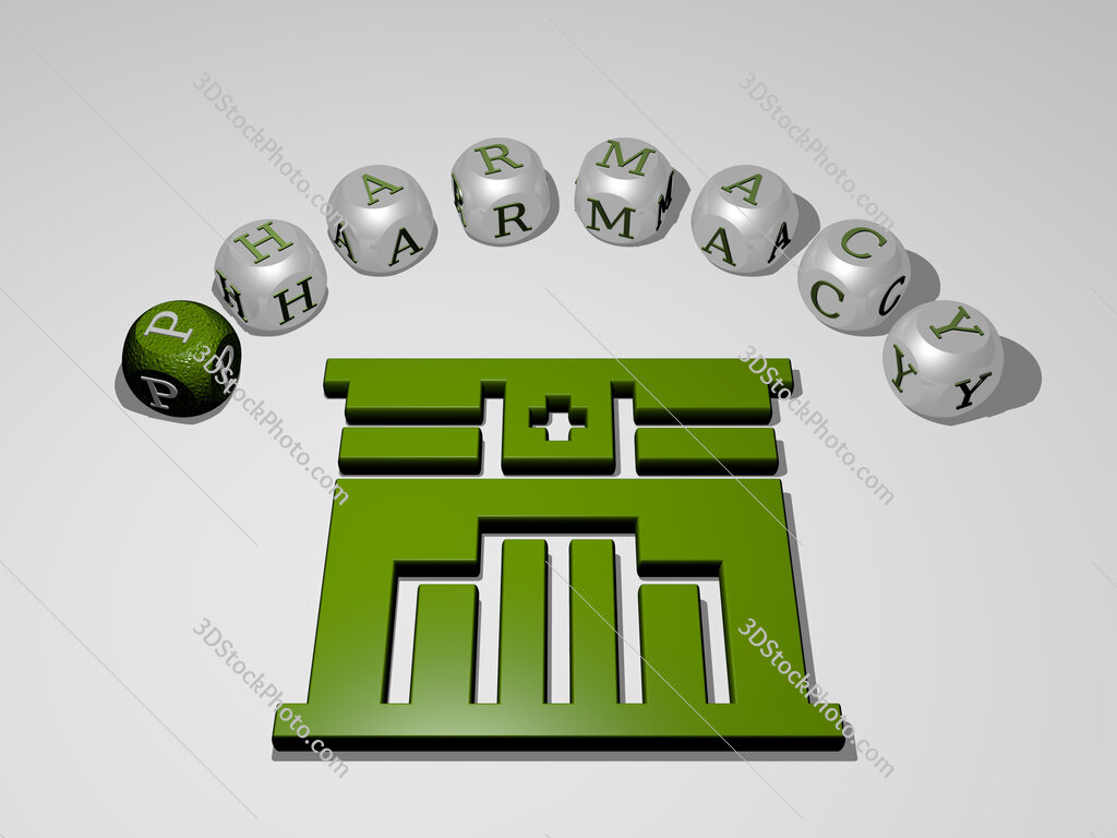 pharmacy 3D icon surrounded by the text of cubic letters