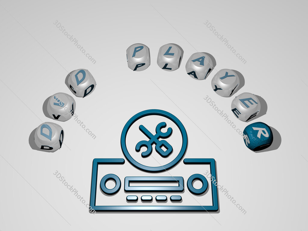 dvd-player 3D icon surrounded by the text of cubic letters