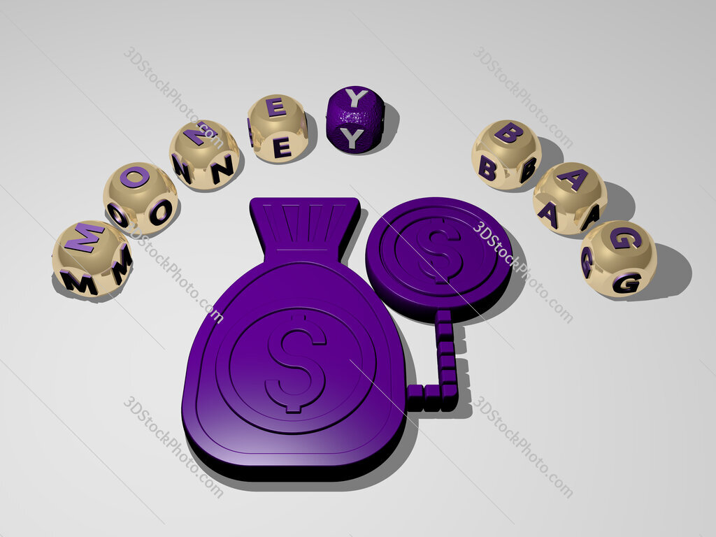money-bag 3D icon surrounded by the text of cubic letters