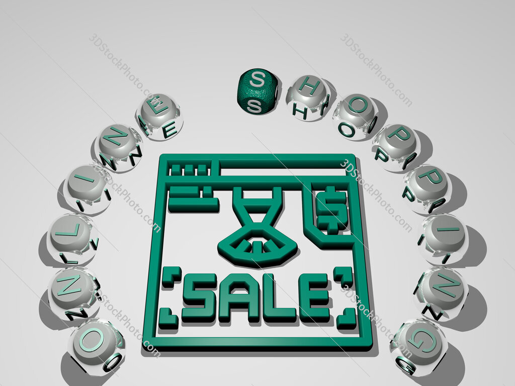 online-shopping 3D icon surrounded by the text of cubic letters