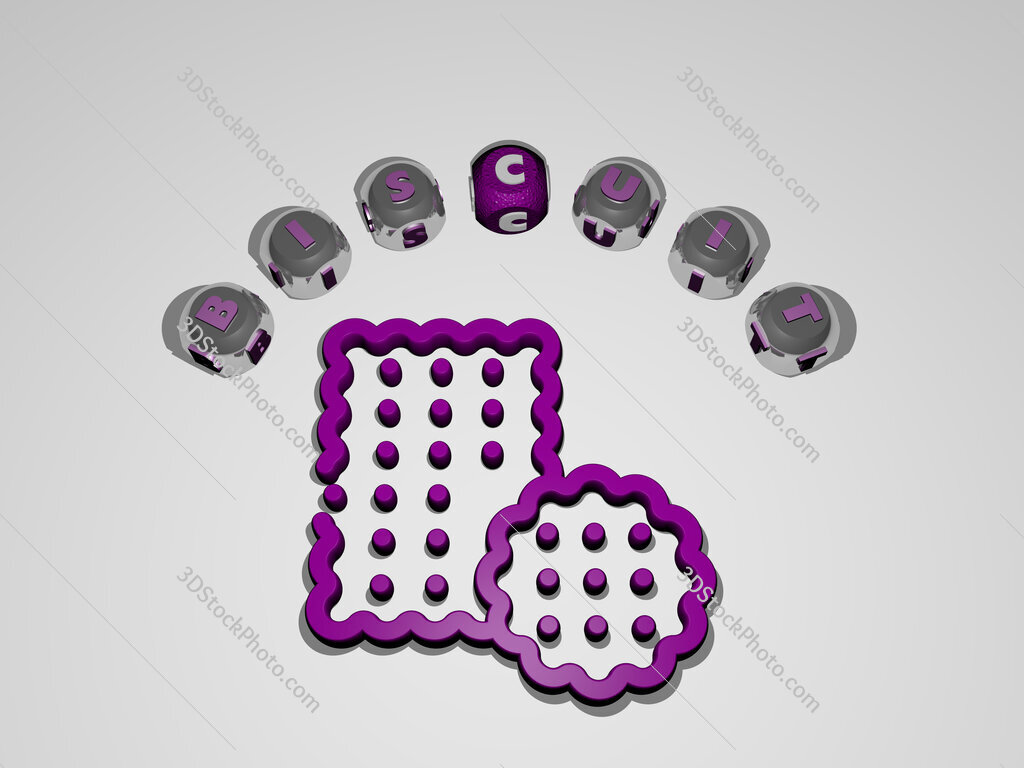 biscuit 3D icon surrounded by the text of cubic letters