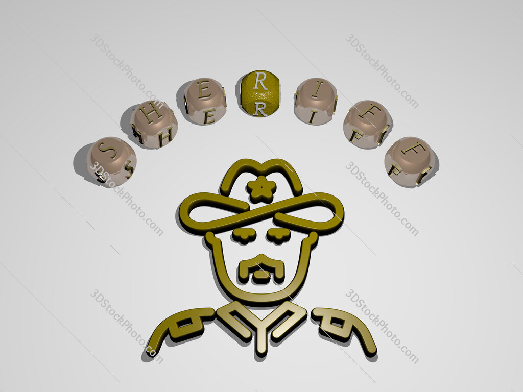 sheriff 3D icon surrounded by the text of cubic letters