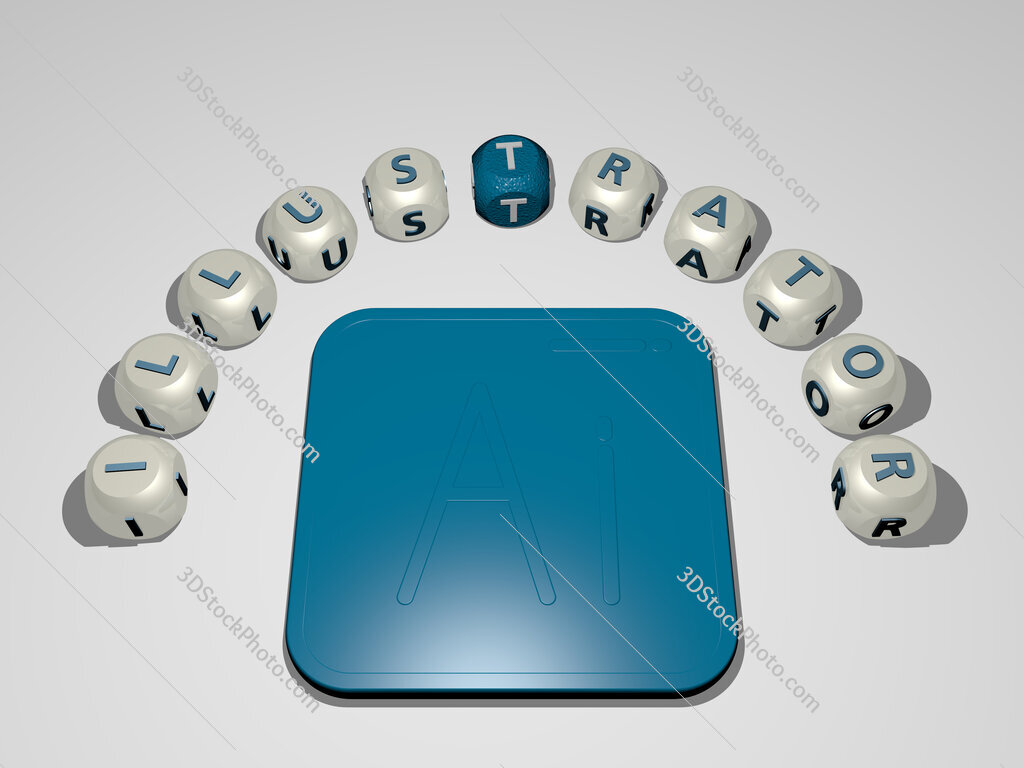 illustrator 3D icon surrounded by the text of cubic letters