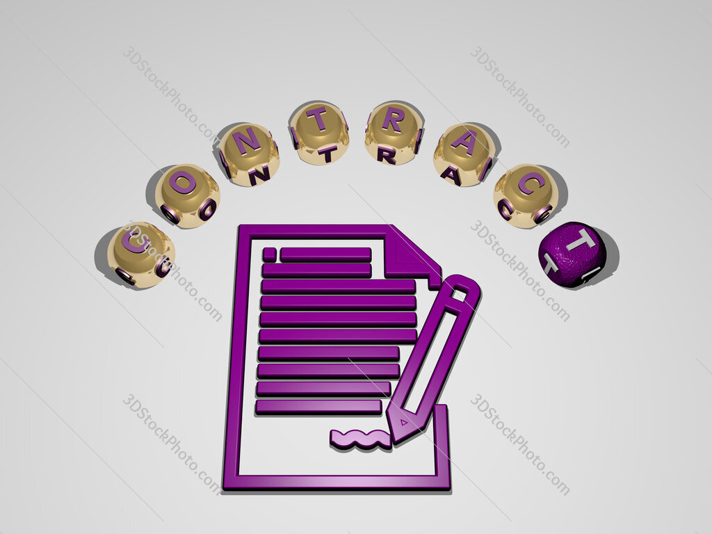 contract 3D icon surrounded by the text of cubic letters