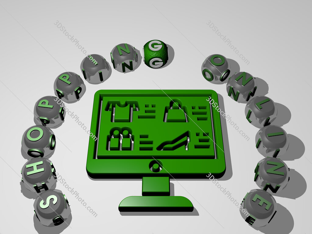 shopping-online 3D icon surrounded by the text of cubic letters