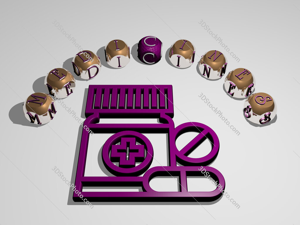 medicines 3D icon surrounded by the text of cubic letters