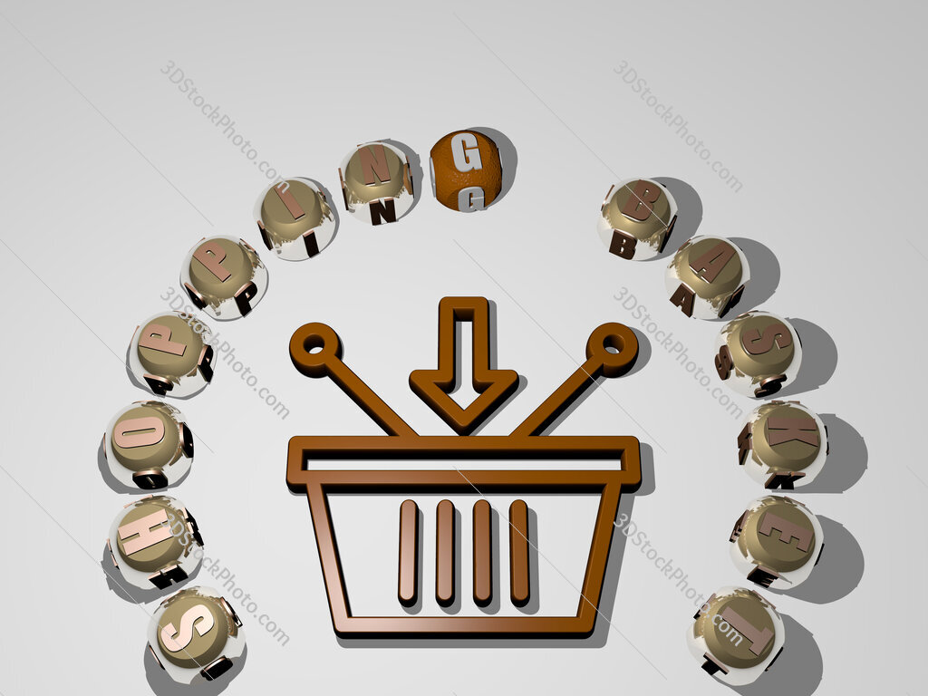 shopping-basket 3D icon surrounded by the text of cubic letters