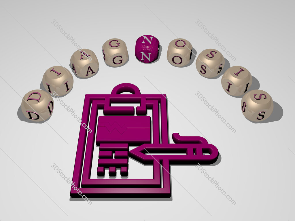 diagnosis 3D icon surrounded by the text of cubic letters