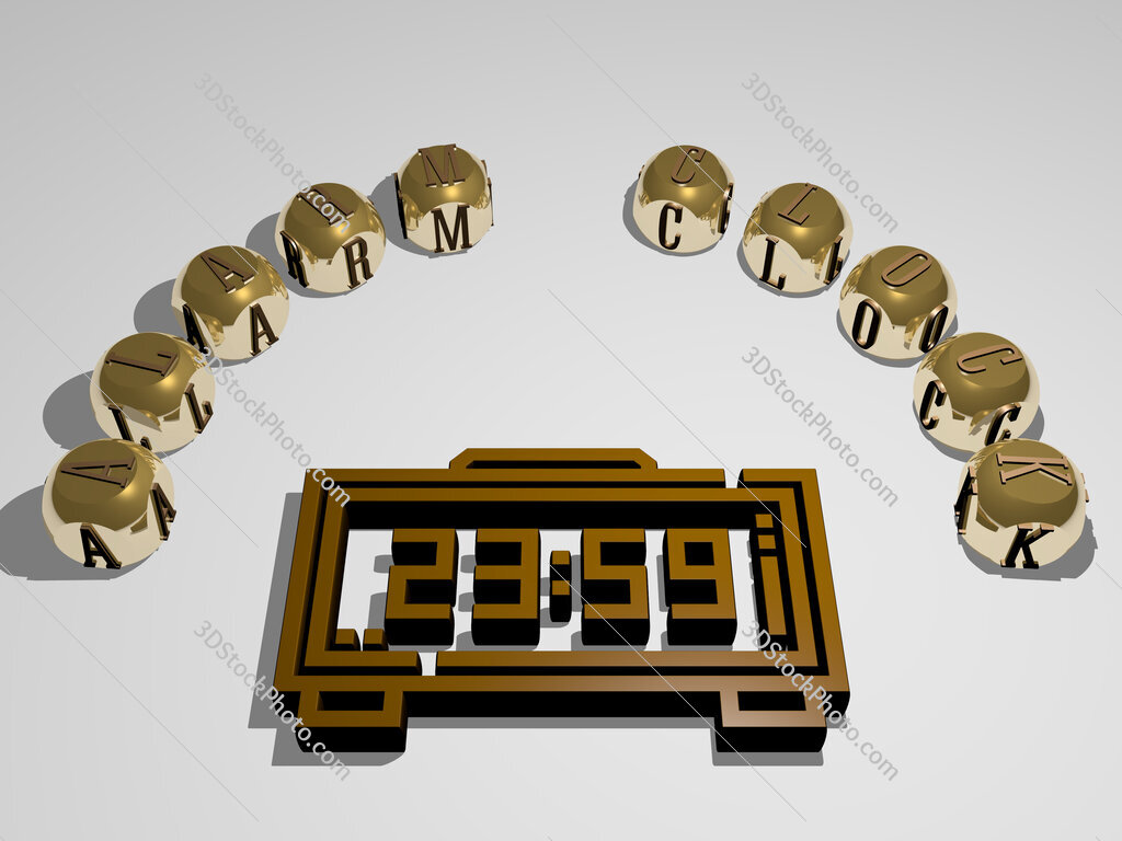 alarm-clock 3D icon surrounded by the text of cubic letters